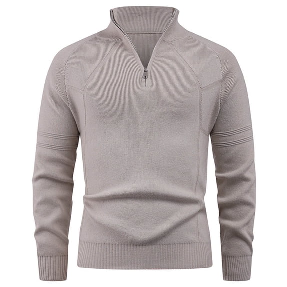 SERTG Men's Knit Sweater Fall Winter Solid Color Semi High Zipper Collar Zipper Front Stretch Thickened Fleece Lined Long Sleeve Top(Khaki,M)
