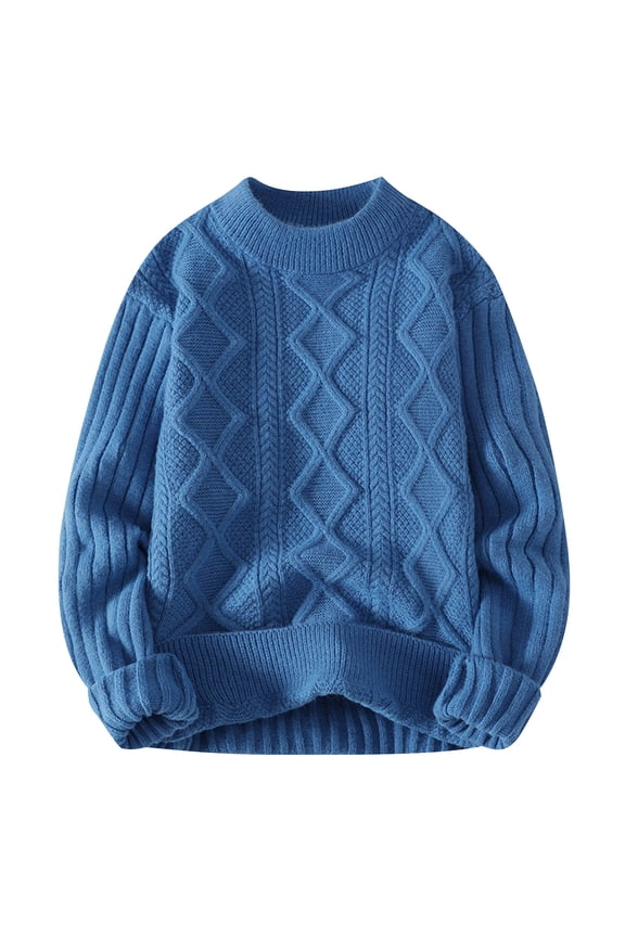 Men's Knit Sweater Fall Winter Warm Thickened Casual Round Neck Jacquard Striped Pullover Fashion Top Men Heavy Sweater(Blue,L)