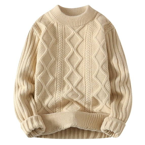 SERTG Men's Knit Sweater Fall Winter Warm Thickened Casual Round Neck Jacquard Striped Pullover Fashion Top Men Heavy Sweater(Khaki,2XL)