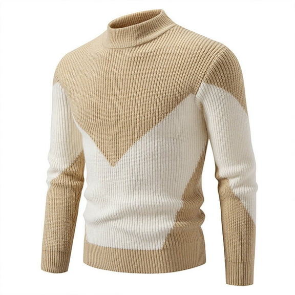 SERTG Men's Knitted Sweater Fall Winter Color Block Textured Weave Long Sleeve Pullover Top Warm Fashion Casual Tops(Khaki,L)
