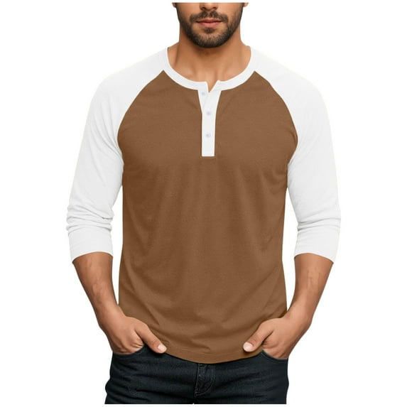 SERTG Men's Long Sleeve Shirt Fall Winter Color Block Round Neck Tops Half Button Front Fashion Casual Sports Tops(Hot Pink,3XL)