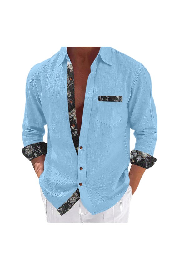 Men's Personalized Print Shirt Fall Winter Stylish Tops Linen Long Sleeve Loose Fitted Fashion Casual Top(Light Blue,XL)