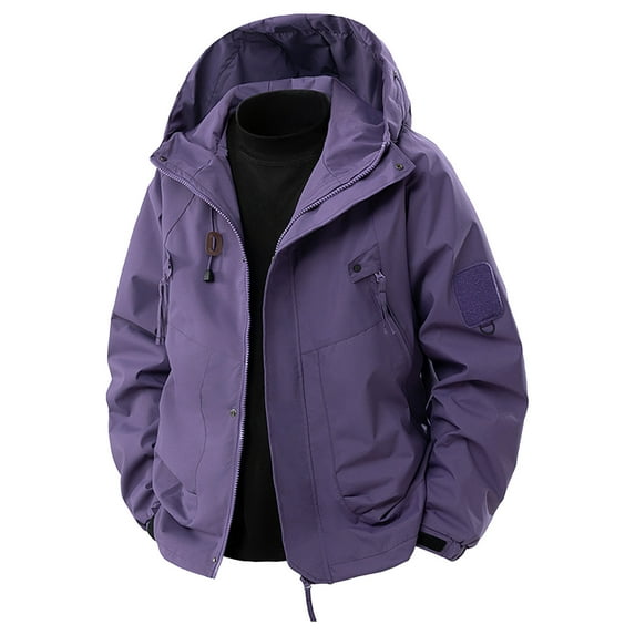 SERTG Men's Raincoat Jacket Hiking Travel Casual Hooded Jacket Fall Winter Solid Color Long Sleeve Front Zipper Pockets Fashion Jacket for Men (Purple#1,XL)