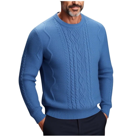 SERTG Men's Round Neck Sweater Fall Winter Solid Color Jacquard Stretch Knit Warm Base Layer Casual Pullover Tops(Blue,M)