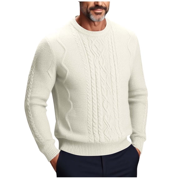 SERTG Men's Round Neck Sweater Fall Winter Solid Color Jacquard Stretch Knit Warm Base Layer Casual Pullover Tops(White,3XL)