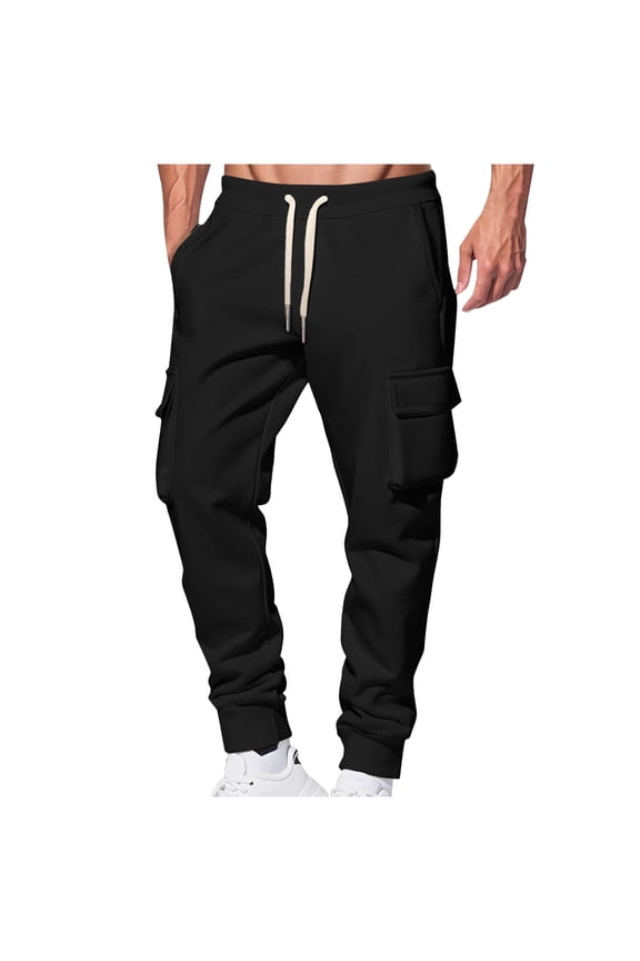 Men's Solid Color Cargo Pants Men's Fall Winter Trousers with Drawstring Thermal Soft Multi Pocket Work Fashion Casual Trousers(Black,2XL)