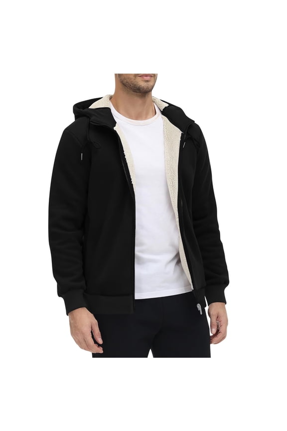 Men's Solid Color Hooded Jacket Fall Winter Plush Fleece-Lined Half Zip Long Sleeve Casual Outerwear Top(Black,M)