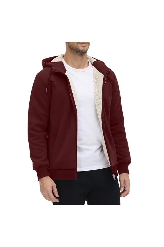 Men's Solid Color Hooded Jacket Fall Winter Plush Fleece-Lined Half Zip Long Sleeve Casual Outerwear Top(Wine,XL)