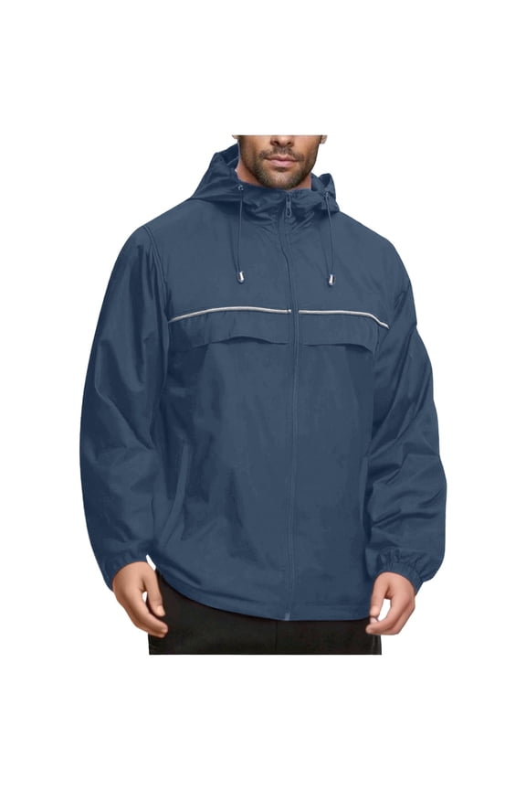 Men's Solid Color Outdoor Hooded Jacket Fall Winter Windproof Waterproof Tops with Storage Pouch Running Fitness Long Sleeve Front Zipper Sports Windbreaker Top(Light Blue,M)