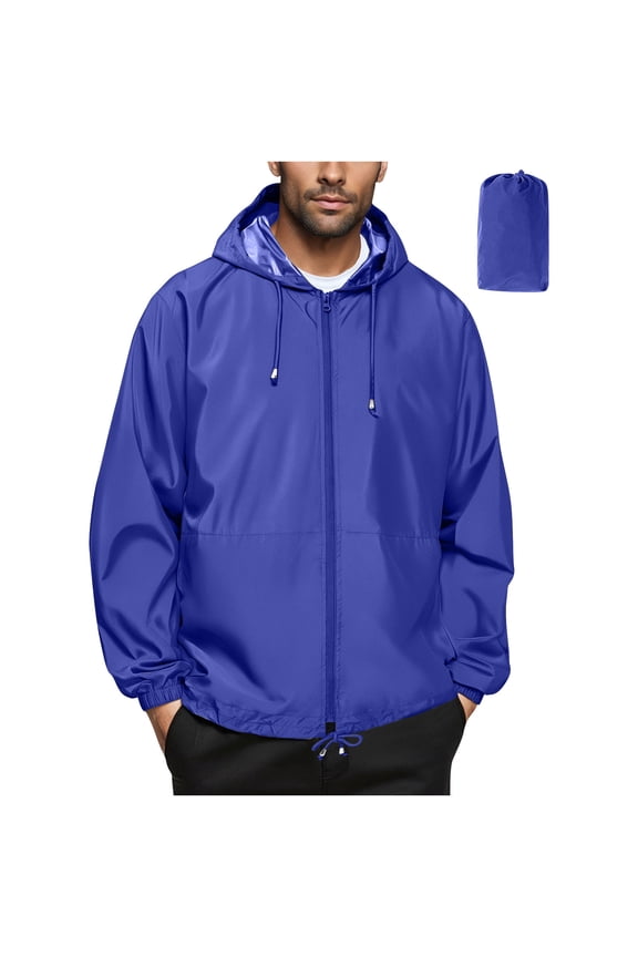 Men's Solid Color Outdoor Hooded Jacket Fall Winter Windproof Waterproof Tops with Storage Pouch Running Fitness Long Sleeve Front Zipper Sports Windbreaker Top(Blue,S)