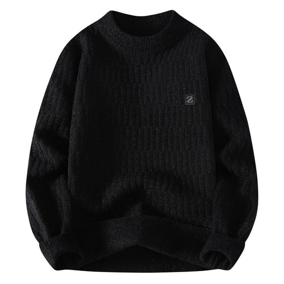 SERTG Men's Solid Color Plush Knit Sweater Fall Winter Thermal Warm Thickened Round Neck Long Sleeve Fleece Lined Tops Men's Sweater(Black,2XL)