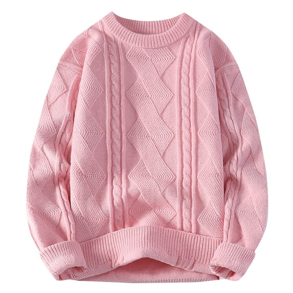 SERTG Men's Solid Color Plush Knit Sweater Fall Winter Thermal Warm Thickened Round Neck Long Sleeve Fleece Lined Tops Men's Sweater(Pink,L)