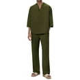 thumbnail image 1 of SERTG Men's Solid Color Shirt Pant Set Fall Winter Fashion V Neck 3/4 Sleeve Tops Loose Casual Trousers Set Outfit(Army Green,XL), 1 of 8