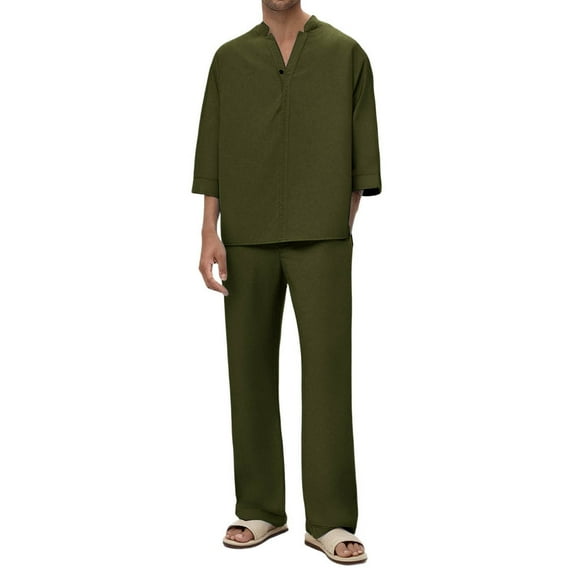 SERTG Men's Solid Color Shirt Pant Set Fall Winter Fashion V Neck 3/4 Sleeve Tops Loose Casual Trousers Set Outfit(Army Green,XL)