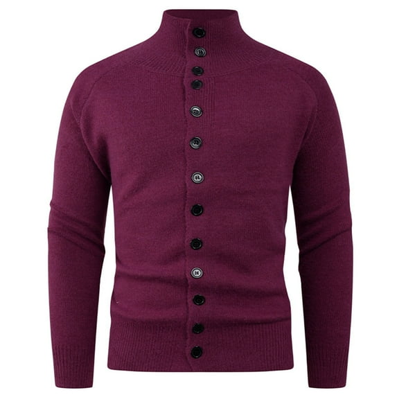 SERTG Men's Solid Color Stand Collar Sweater Fall Winter Fashion Stretch Knit Sweaters Front Button Warm Long Sleeve Casual Cardigan Tops(Hot Pink,2XL)