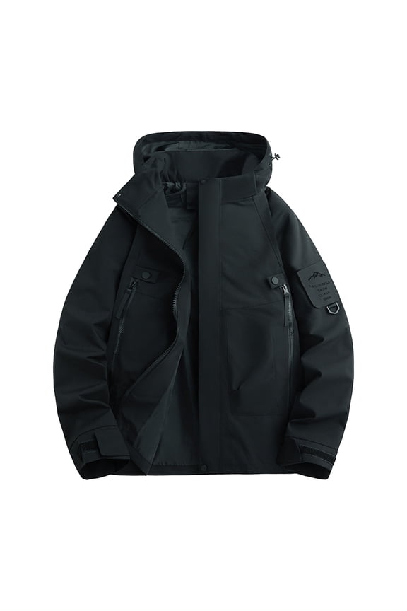 Men's Solid Color Tops Outdoor Climb Sports Running Pocket Zipper Long Sleeved Hooded Fall Winter Jackets Windproof Waterproof Outerwear(Black#1,2XL)