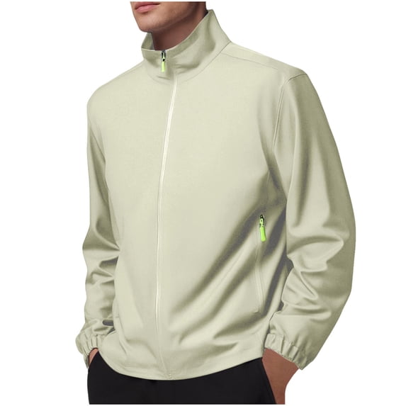 SERTG Men's Solid Color Windbreaker Jacket Fall Winter Windproof Waterproof Long Sleeve Front Zipper Pockets Outdoor Performance Sportswear (Beige,3XL)