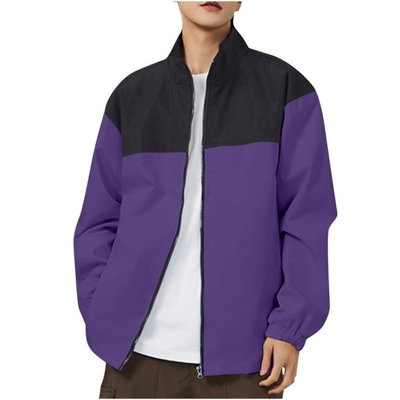 SERTG Men's Solid Color Windbreaker Jacket Fall Winter Windproof Waterproof Long Sleeve Front Zipper Pockets Outdoor Performance Sportswear (Purple,M)