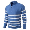 thumbnail image 1 of SERTG Men's Stand Collar Knit Sweater Fall Winter Striped Print Half Button Front Stretch Warm Cozy Long Sleeve Casual Knitwear Men's Sweater(Blue,XL), 1 of 8