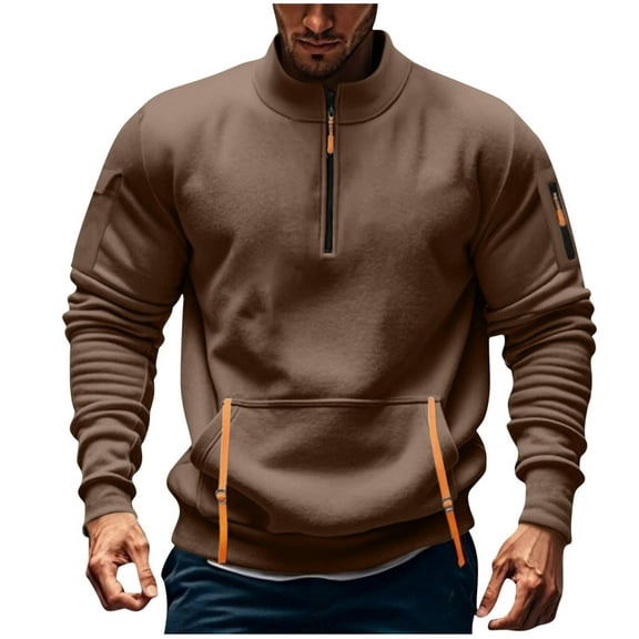 SERTG Men's Stylish Solid Color Pullover Fall Winter Stand Collar Tops Half Zip Long Sleeve Soft Multiple Pockets Casual Shirt Top(Brown,L)