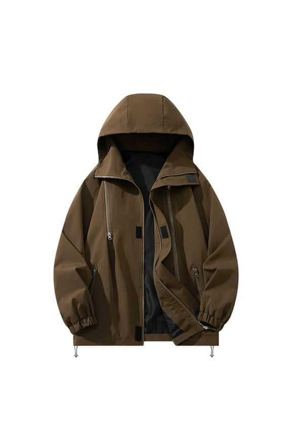 Men's Top Outdoor Windproof Waterproof Long Sleeved Hooded Jacket Solid Color Fall Winter Sports Jackets for Men (Coffee,3XL)