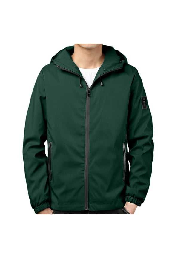 Men's Tops Solid Color Windbreaker Fall Winter Long Sleeve Hooded Full Zip Front Lightweight Casual Jacket Outerwear for Men(Green,M)