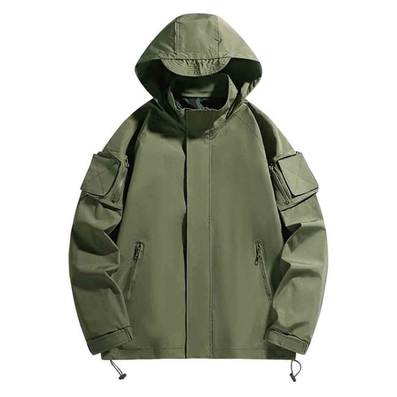 SERTG Mens Jacket Waterproof Hooded Workwearjacket Solid Color Long Sleeve Top Casual Outerwear with Zipper Pockets Drawstring Jacket for Men(Army Green,4XL)