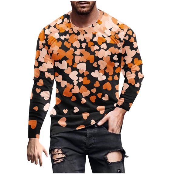 SERTG Mens Shirt Valentine's Day PrintSports T-Shirt Long Sleeve Round Neck Top Party Dating Outdoor Activities Tops Festival Gifts for Men(Orange,2XL)