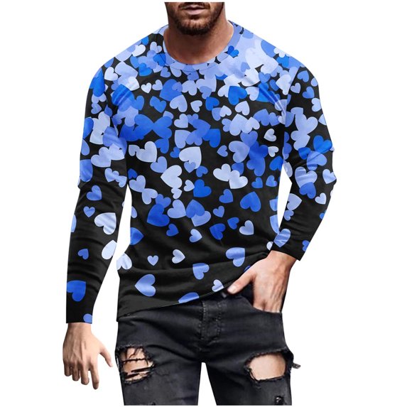SERTG Mens Shirt Valentine's Day PrintSports T-Shirt Long Sleeve Round Neck Top Party Dating Outdoor Activities Tops Festival Gifts for Men(Blue,XL)