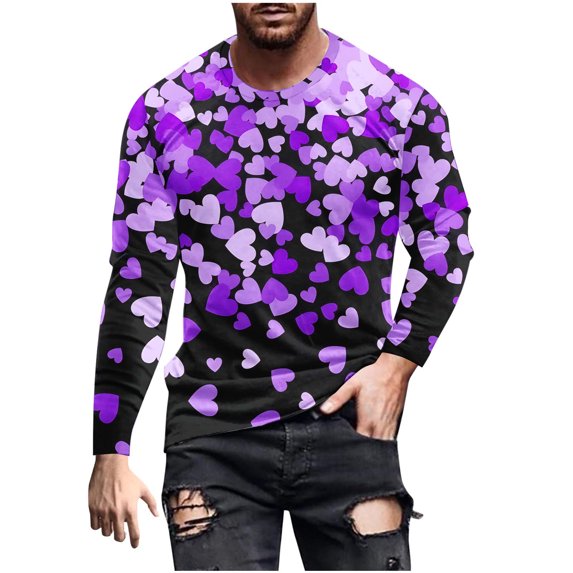 SERTG Mens Shirt Valentine's Day PrintSports T-Shirt Long Sleeve Round Neck Top Party Dating Outdoor Activities Tops Festival Gifts for Men(Purple,M)