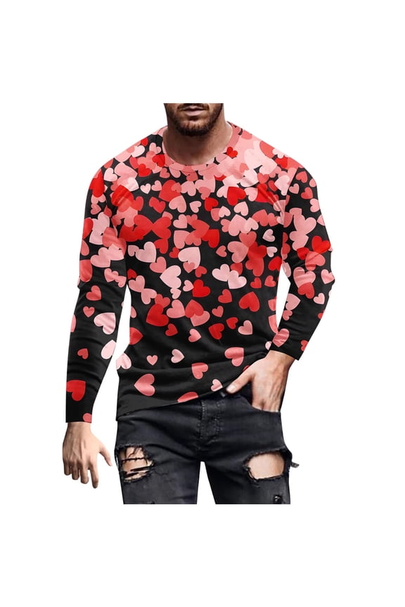 Mens Shirt Valentine's Day PrintSports T-Shirt Long Sleeve Round Neck Top Party Dating Outdoor Activities Tops Festival Gifts for Men(Red,M)