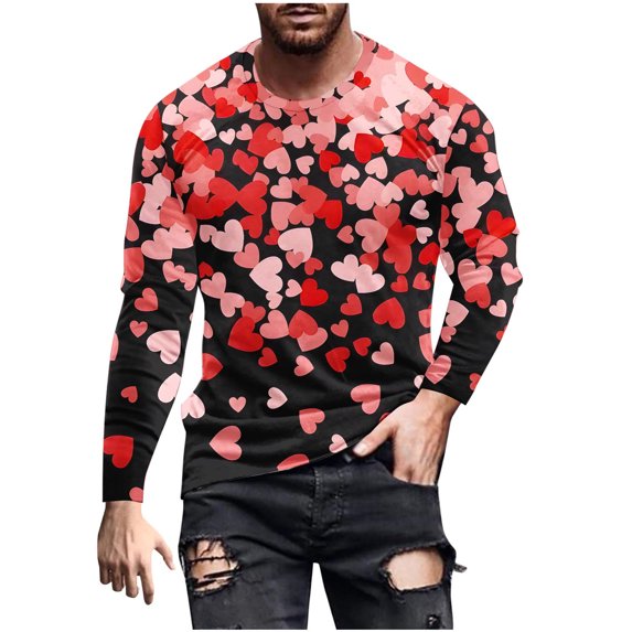 SERTG Mens Shirt Valentine's Day PrintSports T-Shirt Long Sleeve Round Neck Top Party Dating Outdoor Activities Tops Festival Gifts for Men(Red,S)
