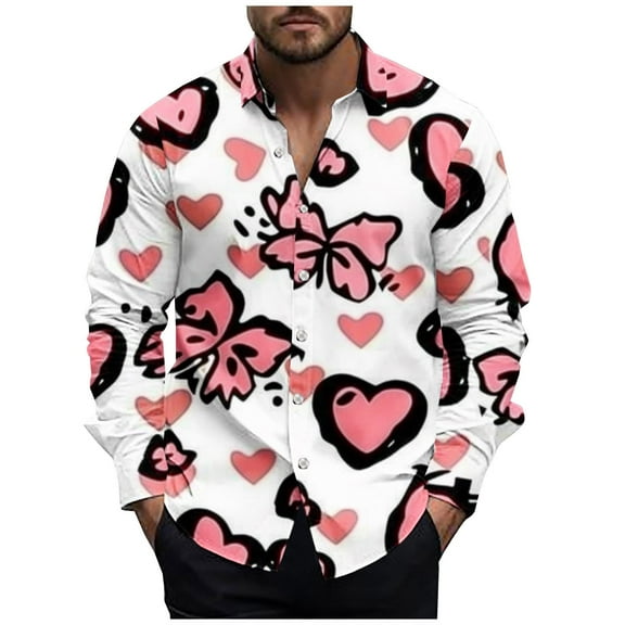 SERTG Mens Valentine's Day Casual Tops Romantic Heart Print Lapel Sleeve Long Sleeve Round Neck Pullover Spring Fall Winter Shirts(Red,S)