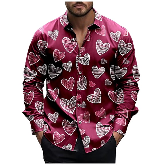 SERTG Mens Valentine's Day Fashion Print Shirt Lapel Long Sleeve Button Down Collar Casual Breathable Soft Tops(Red,2XL)