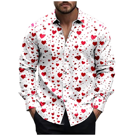 SERTG Mens Valentine's Day Fashion Print Shirt Lapel Long Sleeve Button Down Collar Casual Breathable Soft Tops(White,XL)