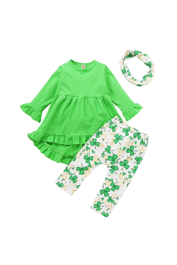 Toddler Girls Dress Tops Pants and Hairband Set Solid Color St. Patrick's Day Print Long Sleeve Kids Irish Apparel Suit(Green,5-6 Years)