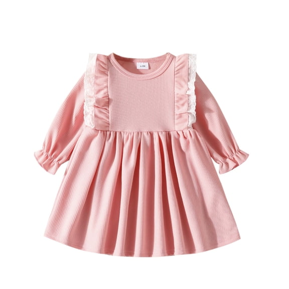 SERTG Toddler Girls Solid Color A-Line Dress Long Sleeve Round Neck Lace Kids Casual Comfortable Fit Fall Winter Everyday Outfit Skirts(Pink,6-9 Months)