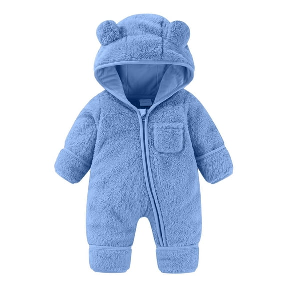 SERTG Toddler Kids Cute Hooded Romper Thick Lined Full Sleeve Bodysuit Fall Winter Warm Cozy Soft Onesie for Infants Boys and Girls 0-18 Months(Blue,6 Months)