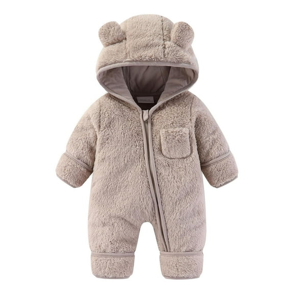 SERTG Toddler Kids Cute Hooded Romper Thick Lined Full Sleeve Bodysuit Fall Winter Warm Cozy Soft Onesie for Infants Boys and Girls 0-18 Months(Khaki,6 Months)