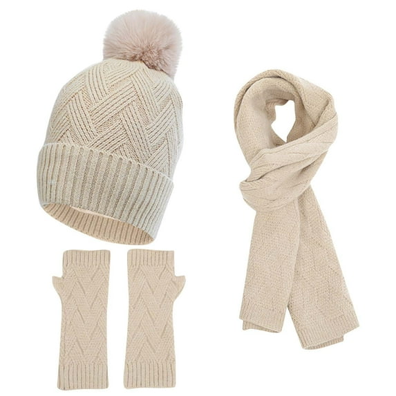SERTG Unisex Knitted Warm and Lint Thick Hat Scarf Solid Color Touchscreen Gloves Three Piece Set Outdoor Sports Set(Beige,Free Size)