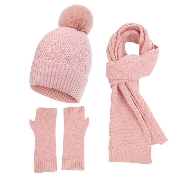 SERTG Unisex Knitted Warm and Lint Thick Hat Scarf Solid Color Touchscreen Gloves Three Piece Set Outdoor Sports Set(Pink,Free Size)