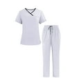 thumbnail image 1 of SERTG Unisex Nursing Set V-Neck Multi-Pocket Solid Color Short Sleeve Top + Elastic Drawstring Waistband Pockets Work Uniform Staff Caregivers(White,M), 1 of 9