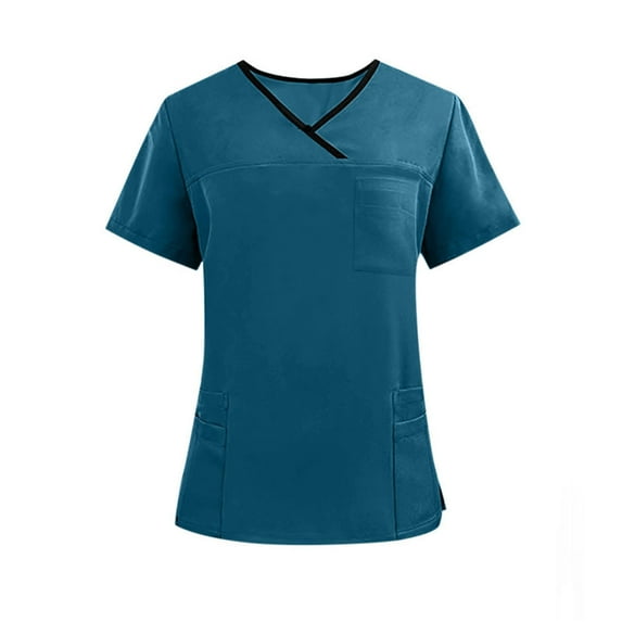 SERTG Unisex Solid Color V-Neck Scrub Top Short Sleeve Multiple Pockets Uniform for Nurses and Caregivers(Navy,XL)
