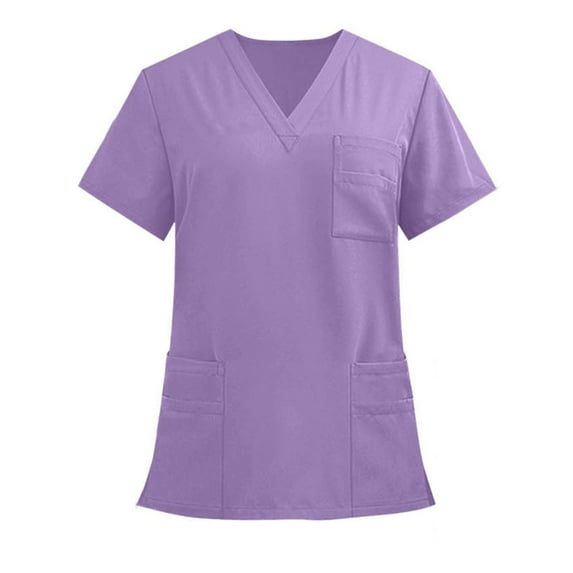 SERTG Unisex Solid Color V-Neck Scrub Top Short Sleeve Multiple Pockets Uniform for Nurses and Caregivers(Purple,M)