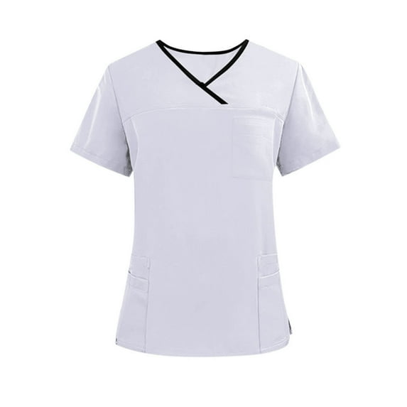 SERTG Unisex Solid Color V-Neck Scrub Top Short Sleeve Multiple Pockets Uniform for Nurses and Caregivers(White,S)