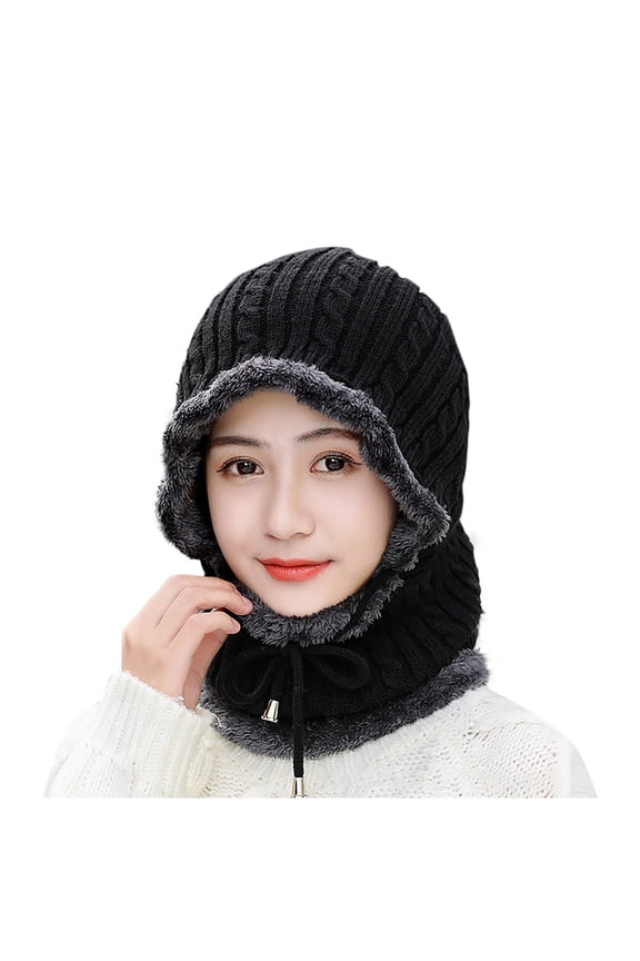 Women's Fashion Knitted Beanie Solid Color Stripe Cap Fall Winter Knitted Pile Hat Headband Soft Hat(Black,Free Size)