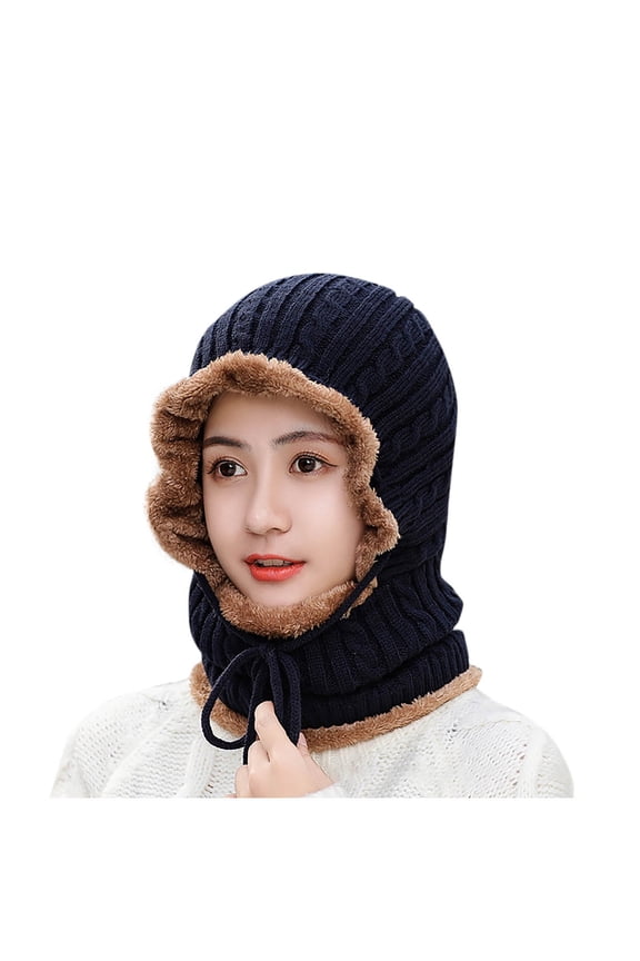 Women's Fashion Knitted Beanie Solid Color Stripe Cap Fall Winter Knitted Pile Hat Headband Soft Hat(Navy,Free Size)