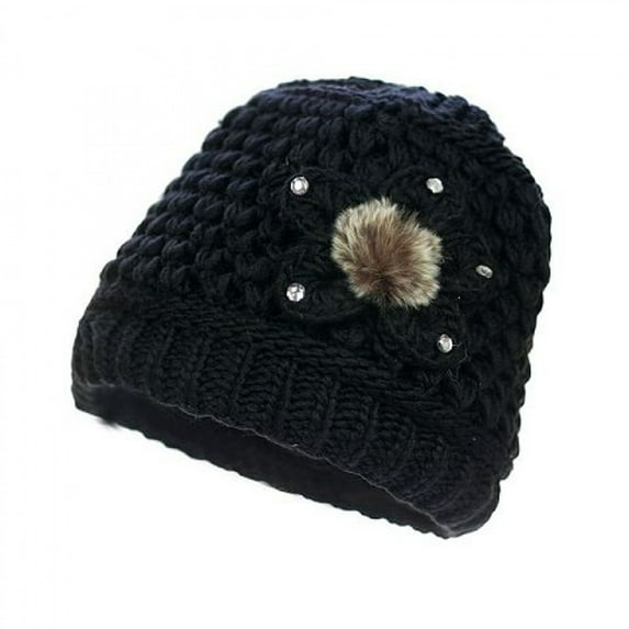SERTG Women's Fashion Knitted Hat Fall Winter Soft Warm Knitted Flowers Hats Comfortable Thickening Cap(Black,Free Size)