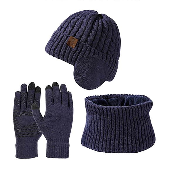 SERTG Women's Hat,Scarf,Gloves Three Piece Set Fal Winter Wool Warm Ear Protection with Lint Ball Knitted Hat Set(Navy,M)