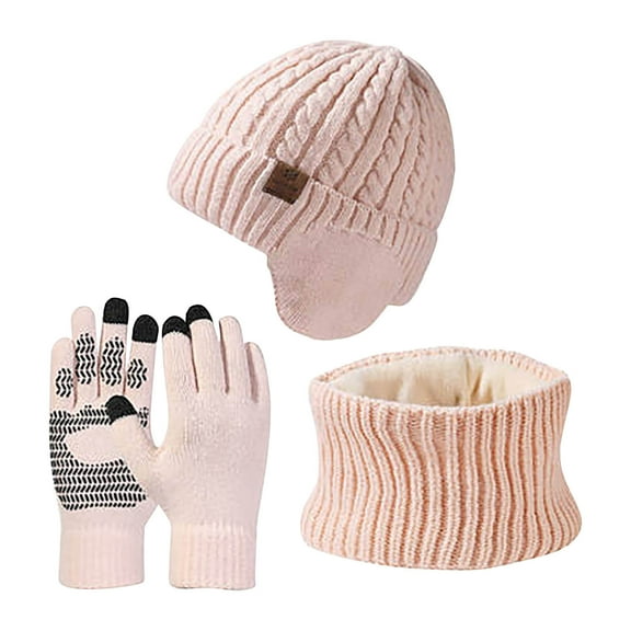 SERTG Women's Hat,Scarf,Gloves Three Piece Set Fal Winter Wool Warm Ear Protection with Lint Ball Knitted Hat Set(Pink,M)